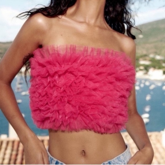 ZARA Dark Fuschia Pink Layered Ruffle Tulle Strapless Crop Tube Top - Picture 8 of 12